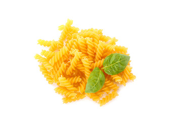 Pasta isolated on white background, top view. Dry uncooked whole pasta
