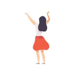 Brunette Girl Standing with Raised Hands at Open Air Festival, Back View, Outdoor Summer Concert Vector Illustration