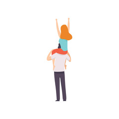 Girl Sitting on Shoulders of Guy with Hands Raised, Back View, People Dancing, Cheering, Relaxing, Partying Open Air Festival, Outdoor Summer Concert Vector Illustration