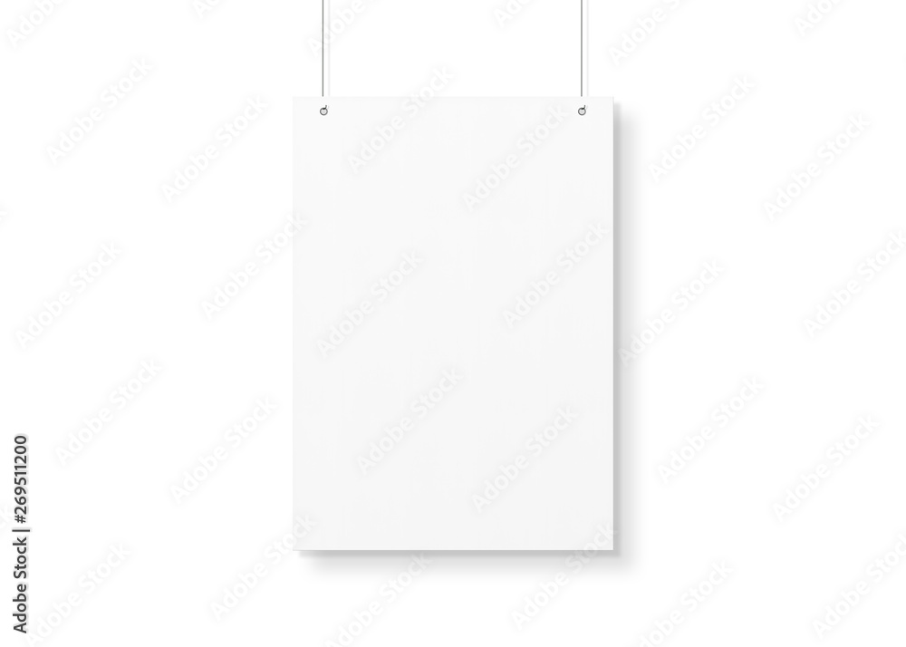 Poster White poster isolated hanging by strings on wall mockup 3D rendering