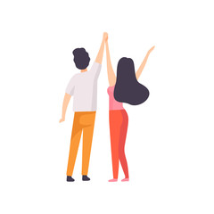 Girl and Guy Standing with Hands Raised, Back View, People Relaxing, Partying Open Air Festival, Outdoor Summer Concert Vector Illustration