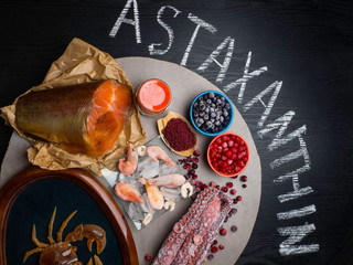 Foods High in Astaxanthin antioxidant, iodine. Healthy diet concept. Top view