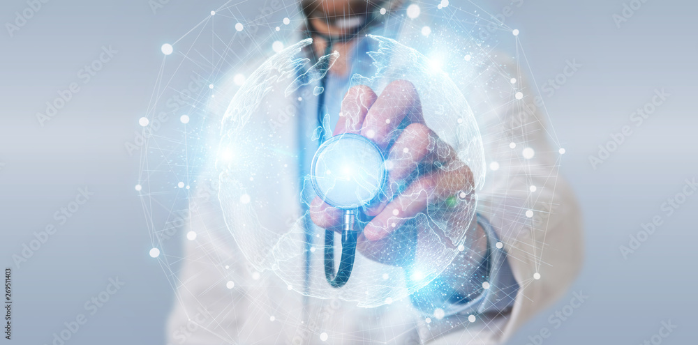 Poster doctor using europe map globe network hologram 3d rendering