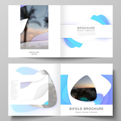 The vector illustration layout of two covers templates for square design bifold brochure, magazine, flyer, booklet. Blue color gradient abstract dynamic shapes, colorful geometric template design.