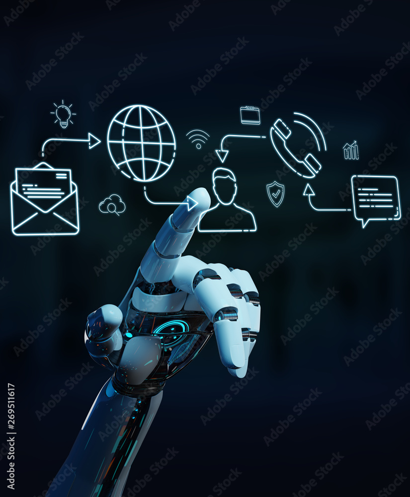 Poster white robot controlling social network icons interface