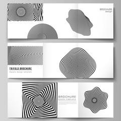 Minimal vector editable layout of square format covers design templates for trifold brochure, flyer, magazine. Abstract 3D geometrical background with optical illusion black and white design pattern.