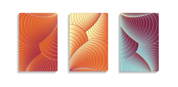 three abstract covers with shells curves in orange blue shades