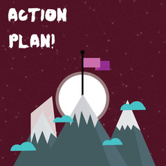 Word writing text Action Plan. Business photo showcasing proposed strategy or course of actions for certain time Three High Mountains with Snow and One has Blank Colorful Flag at the Peak