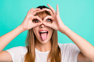 Close up photo of charming nice pretty lady teen teenager foolish rejoice have free time weekend...