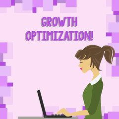 Word writing text Growth Optimization. Business photo showcasing Finding an alternative with the most cost effective photo of Young Busy Woman Sitting Side View and Working on her Laptop