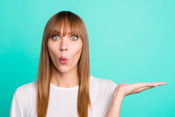 Close up photo of astonished cute funny pretty youth promoter suggest select display idea sale ...