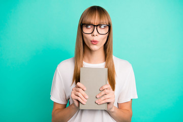 Close up photo funny funky positive cute lady high school style stylish trendy published book look...