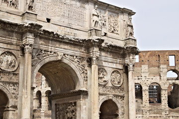 Detail of the Arch of Constantine. The arch is located near the Colosseum and is designed to commemorate the victory of Constantine against Maxentius.