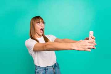 Close up photo amazing beautiful she her lady arm hand hold telephone make take selfies speak tell...