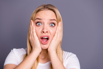 Close up photo beautiful amazing her she lady unexpected epic fail eyes full fear oh no expression...