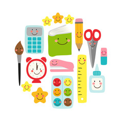 Cute Back to school banner design with colorful funny cartoon characters, education theme background