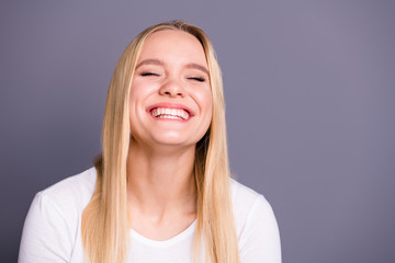 Close up photo of nice pretty attractive lady have free time summer rest relax long haircut hairdo...