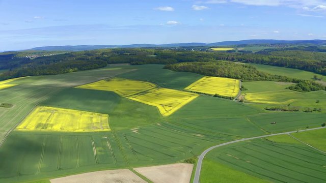 Aerial view, flight over agriculture with cereal fields and rapeseed cultivation, Laubach, Gem&uuml;nden, Hochtaunuskreis, Hesse, Germany