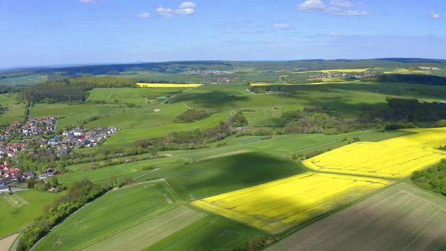 Aerial view, flight over agriculture with cereal fields and rapeseed cultivation, Laubach, Gem&uuml;nden, Hochtaunuskreis, Hesse, Germany