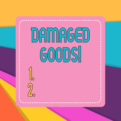 Word writing text Damaged Goods. Business photo showcasing Products or commodities that are broken, cracked or scratched