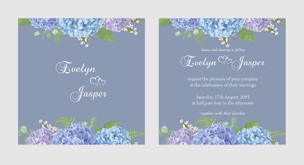 Two wedding invitation cards seasonal flower.Set leaves, blooming branches eucalyptus, gaultheria, salal, chamaelaucium, seasonal fern.Blue, purple, of hydrangea. Vector frame.Trendy collection.