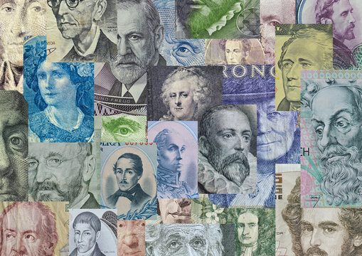 Collection of famous people in history printed on banknotes