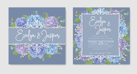 Set for two wedding invitation, greeting card, save date, banner. leaves, branches eucalyptus, gaultheria, salal, chamaelaucium, fern.Blue, purple, of flowers hydrangea.Isolated on background.