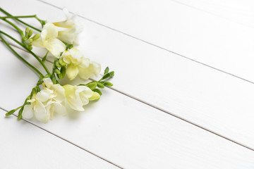 Beautiful freesia flowers on white wooden table