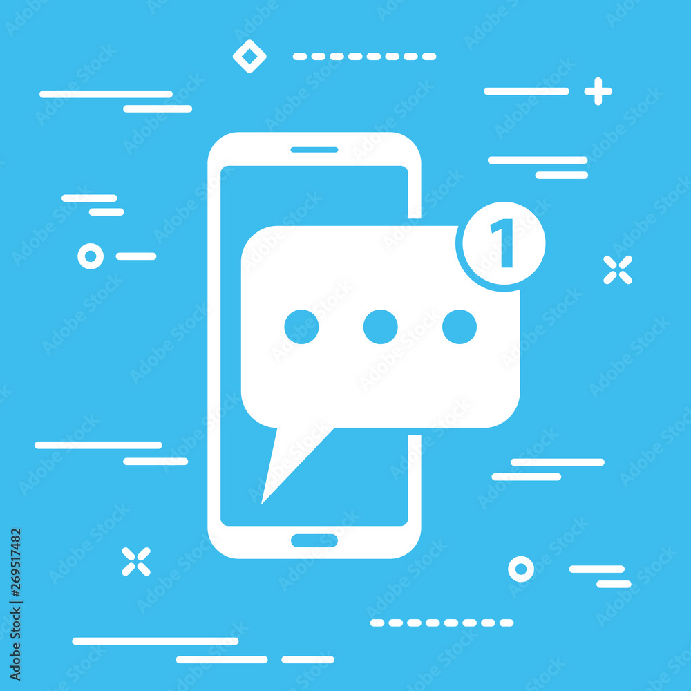 Poster mobile phone with new chat message notification. blue smartphone and chatting bubble. text new messa