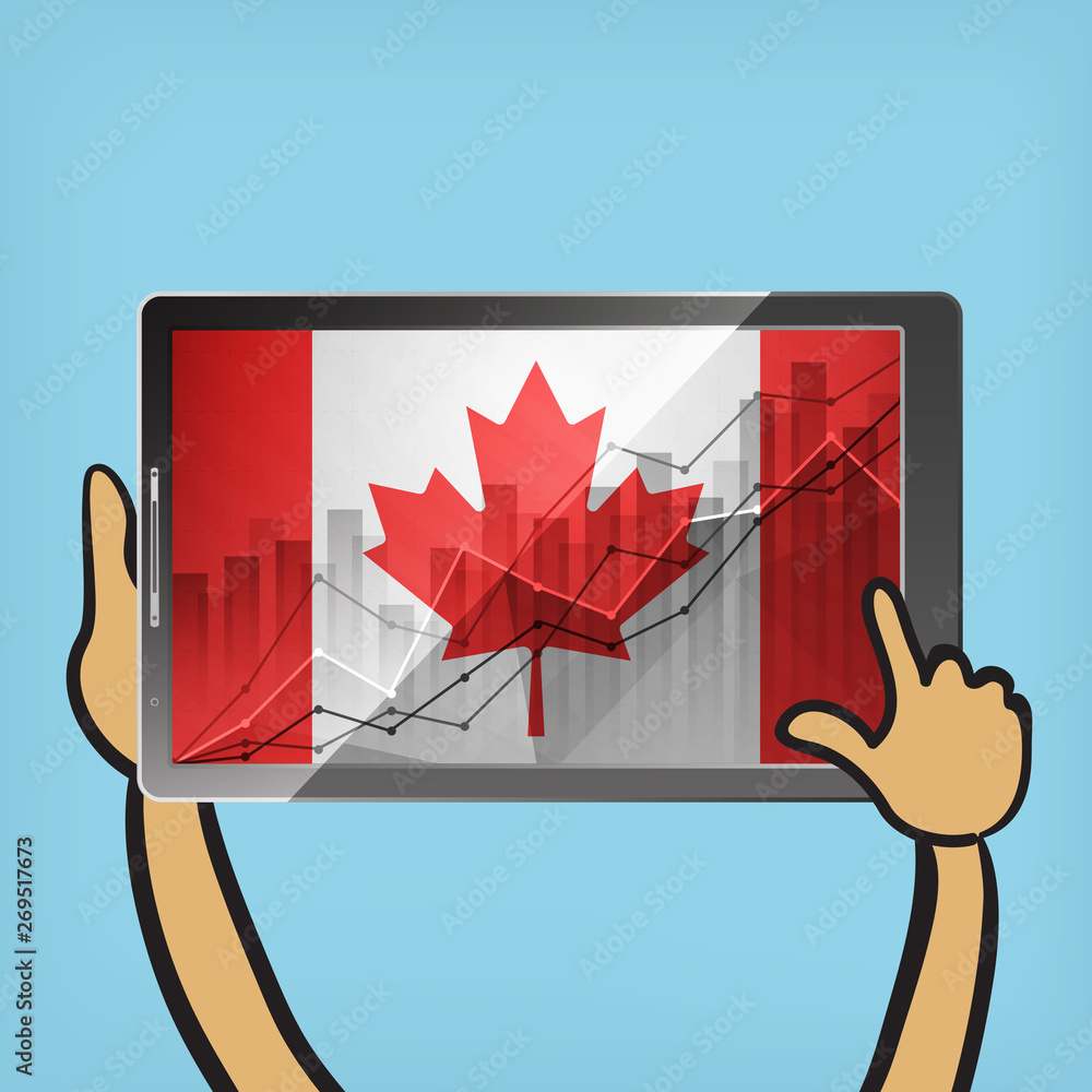 Poster business statistics chart showing different growing graphs with canadian flag on screen of tablet on