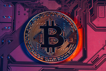golden bitcoin and computer chip in background