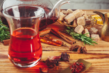 red tea on a wooden table