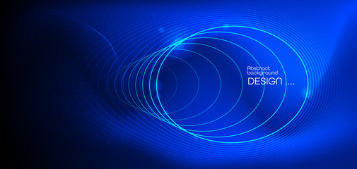 Illustration Abstract glowing, neon light effect, wave line, wavy pattern. Vector design communication techno on blue background. Futuristic digital technology for web or banner background