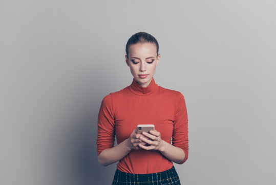 Portrait of her she nice-looking lovely sweet winsome attractive focused girl using app 5g blog post speed smm isolated over gray pastel background