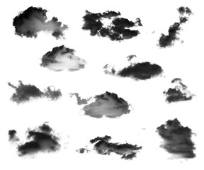 Collection of black clouds or black smoke isolated on white background