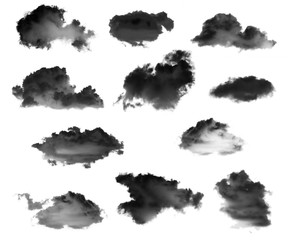 Fototapeta na wymiar Collection of black clouds or black smoke isolated on white background