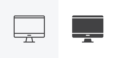 Desktop computer, monitor icon. line and glyph version, Computer display outline and filled vector sign. linear and full pictogram. Symbol, logo illustration. Different style icons set