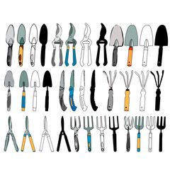  isolated, set of garden tools, sketch and silhouette
