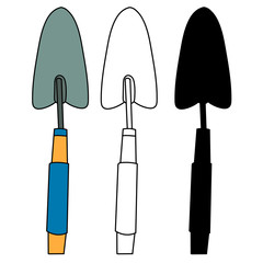 vector, isolated, set of garden shovel, sketch and silhouette