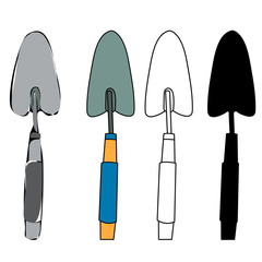 vector, isolated, set of garden shovel, sketch and silhouette
