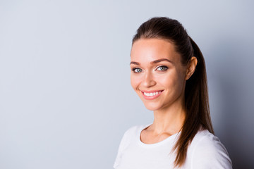 Close up photo beautiful attractive she her lady perfect ideal teeth self-confident easy-going...