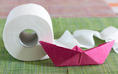 Roll of toilet paper, paper boat on a green background.