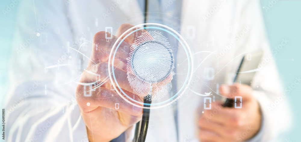 Poster doctor holding a digital fingerprint identification and binary code 3d rendering