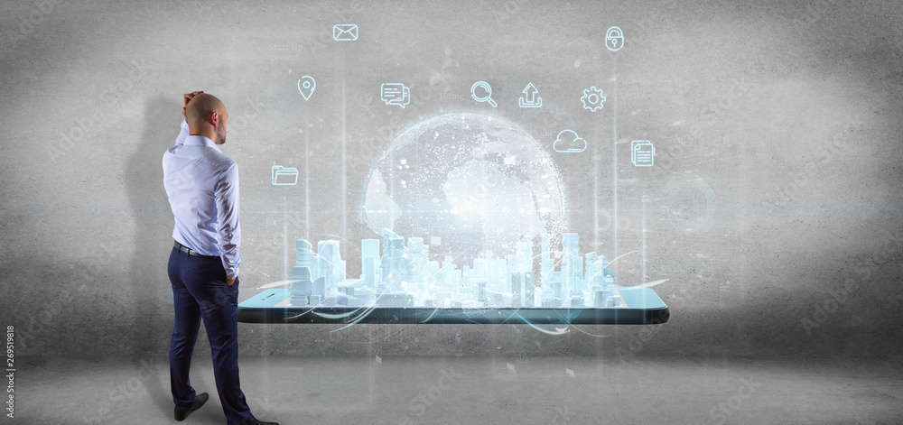 Poster businessman in front of a wall with smart city user interface with icon, stats and data 3d rendering