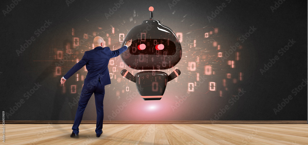 Poster businessman in front of a wall with virus chatbot with binary code 3d rendering