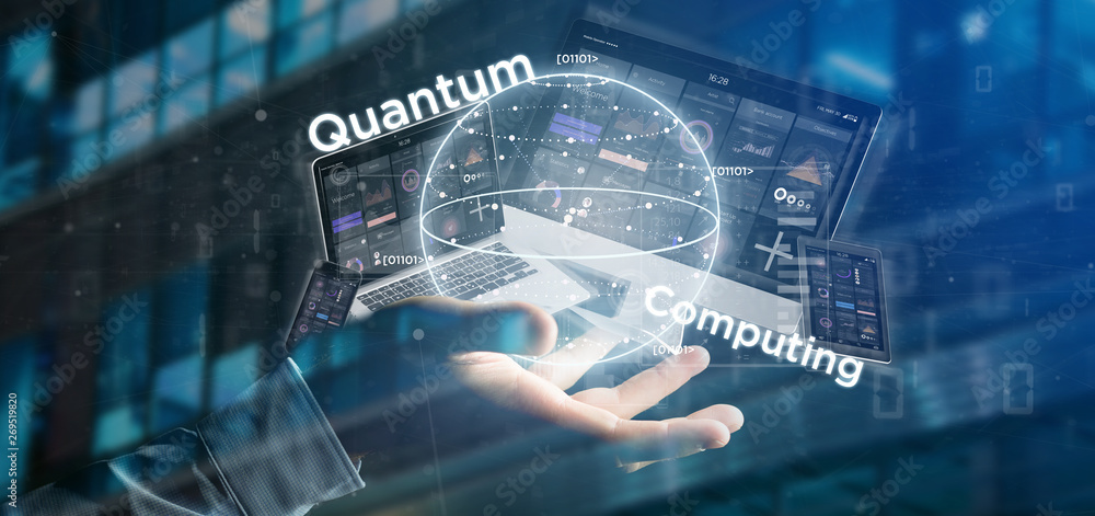 Poster businessman holding quantum computing concept with qubit and devices 3d rendering