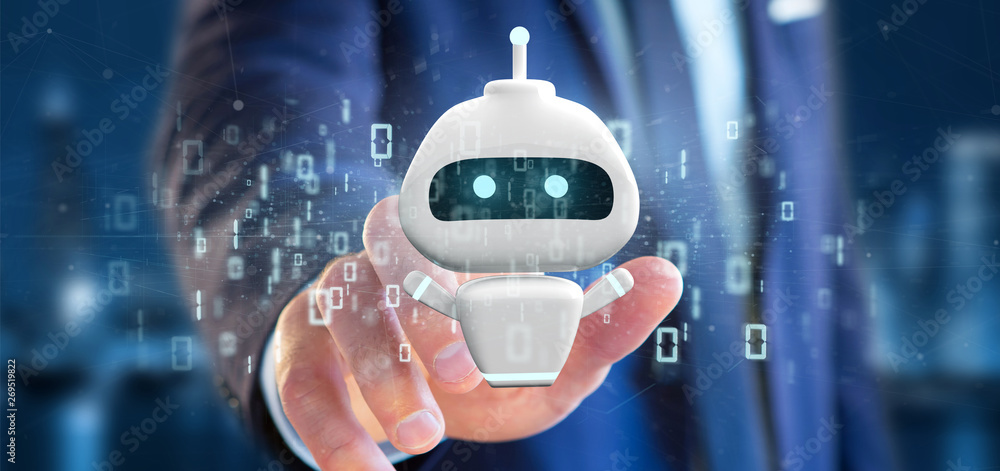 Poster businessman holding chatbot with binary code 3d rendering