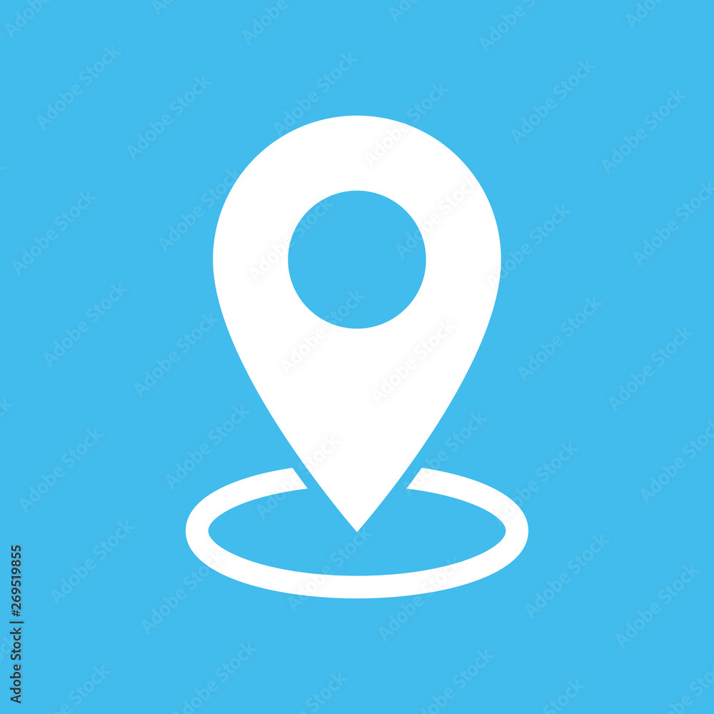 Poster white flat map pointer icon on blue background