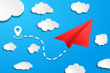 red paper airplane with start point, dah line trace and white clouds on blue air background. Clear sky travel background.