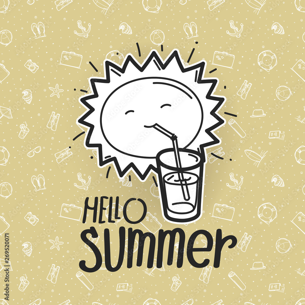 Poster hello summer. cute sun on pattern with beach stuff
